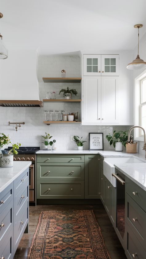 Make your kitchen stand out with two-tone cabinetry. Pair white upper cabinets with blue or green lower cabinets for a fresh and modern spring look. Accent with metallic pulls and light marble countertops for a polished finish. Incorporate subtle accents like small potted plants or framed prints for added charm. Green Walls Dark Trim, Kitchen Interior Color, Jade Green Kitchen, Kitchen Ideas With White Cabinets, Earthy Kitchen Ideas, Kitchen Colour Combination Ideas, Kitchen Ideas Green, Two Toned Kitchen Cabinets, Green Kitchen Ideas