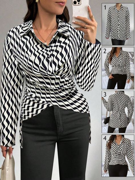 Plus Size Women's Spring Summer Wavy Stripe Long Sleeve Twist Tie Front Casual Blouse Beige Casual  Long Sleeve Chiffon Colorblock,Geometric,Striped,All Over Print Shirt Non-Stretch  Women Plus Clothing, size features are:Bust: ,Length: ,Sleeve Length: All Over Print Shirt, Stripe Long Sleeve, Chiffon Long Sleeve, Casual Blouse, Plus Size Blouses, Print Shirt, Striped Long Sleeve, Plus Size Tops, Plus Clothing