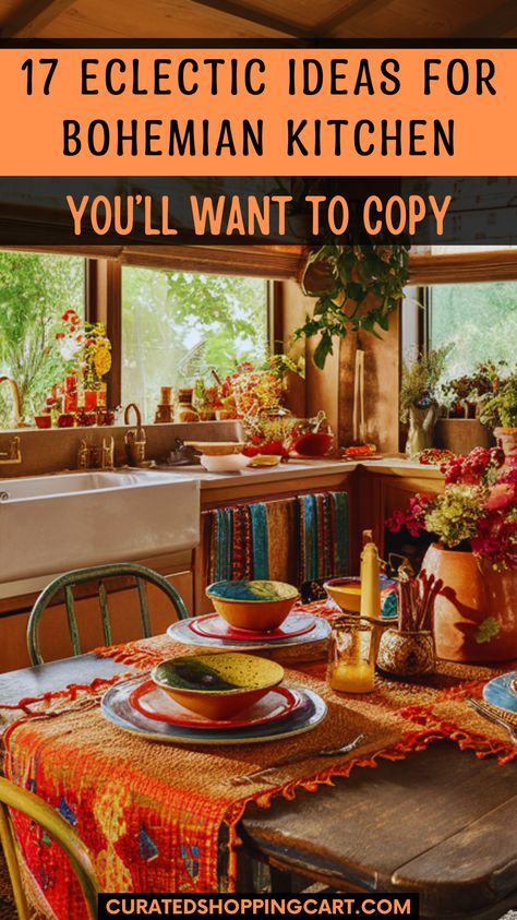 Revamp your kitchen with 17 eclectic bohemian ideas! From vintage rugs and open shelving to mismatched chairs and hanging plants, these tips will add personality and warmth to your space. Perfect for those who love color, texture, and eclectic style. Get inspired by these boho kitchen decor ideas! Eclectic bohemian kitchen, cozy kitchen ideas, boho kitchen ideas, boho kitchen ideas bohemian style, bohemian kitchen decor, bohemian kitchen ideas, bohemian kitchen design, bohemian kitchen small. Vintage Kitchen Floors Ideas, Boho Painted Kitchen Table, Eclectic Dishes Mix Match, Boho Eat In Kitchen, Afro Boho Kitchen, Kitchen Ideas Bohemian, Small Boho Kitchen Ideas, Boho Kitchen Ideas Bohemian Style, Bohemian Kitchen Design