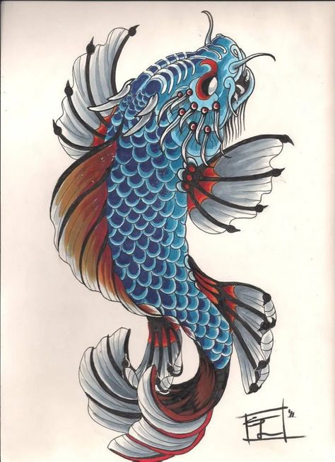 I will create a japanese tattoo design Koi Fish Dragon Tattoo, Fish Dragon Tattoo, Koi Fish Dragon, Dragon Koi Tattoo Design, Koi Dragon Tattoo, Karp Koi, Fish Dragon, Japanese Snake Tattoo, Koi Dragon