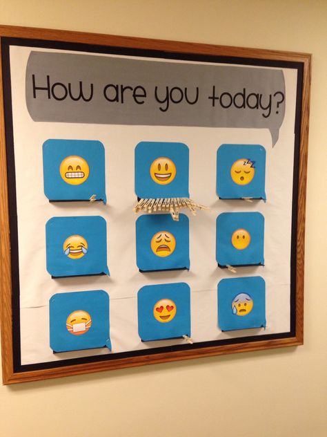 How are you today? How Are You Feeling Bulletin Board, Interactive Bulletin Board Ideas, Employee Engagement Board, Physical Activities For Toddlers, Elementary Bulletin Boards, College Bulletin Boards, Interactive Bulletin Boards, Science Classroom Decorations, Interactive Bulletin Board