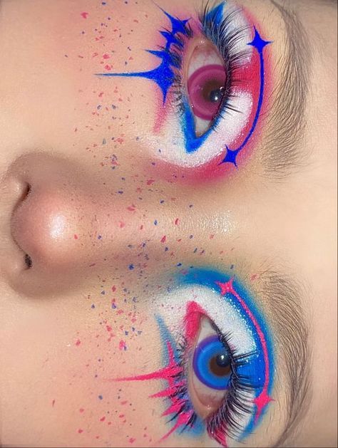 Colorful Goth Makeup, Vaporwave Makeup, Crazy Makeup Ideas, Pink And Blue Makeup, Makeup Pattern, Funky Makeup, Makeup Drawing, Bright Makeup, Graphic Makeup