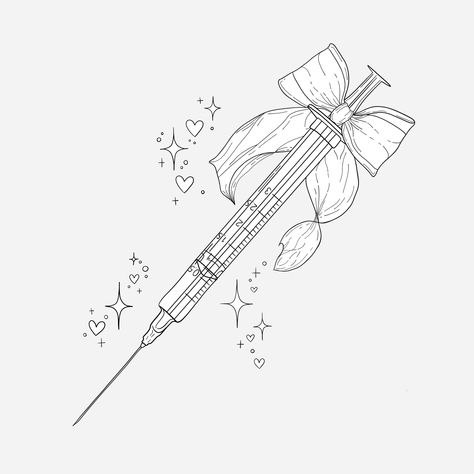 🎀💉⭐❤️ Unique Medical Tattoos, Syringe Drawing Reference, How To Draw A Syringe, Med Student Tattoo, Phlebotomy Tattoo Ideas, Pill Bottle Tattoo, Pacemaker Tattoo, Nursing Tattoos For Women, Nursing Drawing