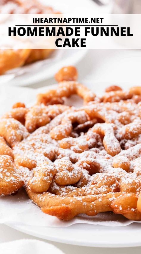 Golden and crispy on the outside, light and airy on the inside, and topped with your favorite toppings, this homemade funnel cake recipe is a childhood fair favorite that you can now make any time of the year! Deep Fried Fair Food, Deep Fried Desserts, Deep Fryer Recipes, Funnel Cake Fries, Homemade Funnel Cake, Deep Fried Recipes, Funnel Cake Recipe, Fried Dessert, Cake Calories