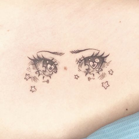 Tattoo by @sashatattoo.nyc on Instagram, who is based in New York City, USA. Cute Eye Tattoo, Tattoo On Eye, Eye In Star Tattoo, Dainty Nyc Tattoo, Out Line Tattoo, Anime Eye Tattoo, Sleepy Tattoo, Tiny New York Tattoo, Cute Anime Tattoos