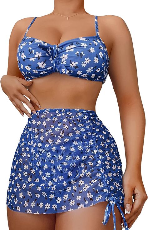 Amazon.com: Cozyease Women's 3 Piece Swimsuit Set Floral Print Knot Front Bikini Swimsuit with Cover Up Mesh Skirt Blue L : Clothing, Shoes & Jewelry Swimsuit With Cover Up, Swimsuit Material, Swimsuits Outfits, Braid Designs, Floral Swimsuit, Beach Skirt, Plus Size Bra, Mesh Skirt, Plus Size Swimsuits