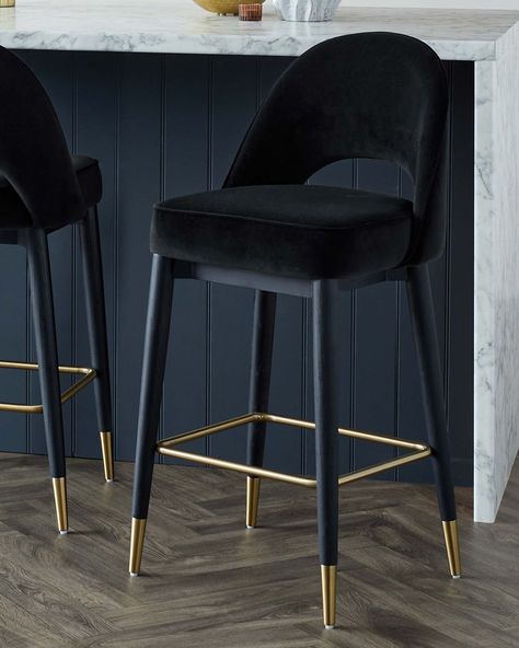 Black Velvet Counter Stools, Black Stool Chair, Black Velvet Bar Stools, Black Bar Chairs, Black Kitchen Bar Stools, Black And Gold Bar Stools, Kitchen Stools For Island, Brass Bar Stool, Island Chair