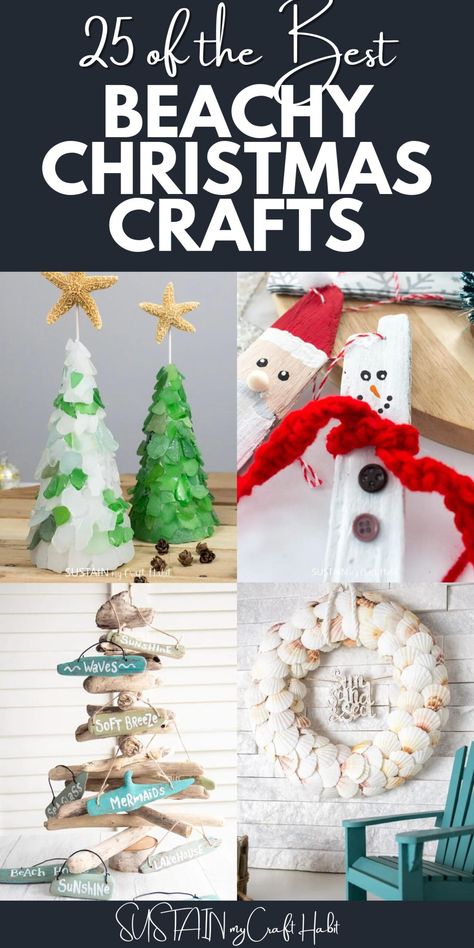 You want to decorate for Christmas- but you either live by the beach, or have a beach themed house. No problem! Beachy Christmas crafts here! #sustainmycrafthabit Beachy Christmas Ornaments Diy, Holiday Shell Crafts, Coastal Christmas Crafts Diy, Beach Christmas Centerpieces, Beach Themed Christmas Trees, Summer Christmas Crafts, Beachy Ornaments Diy, Beach Theme Tree, Beach Christmas Diy