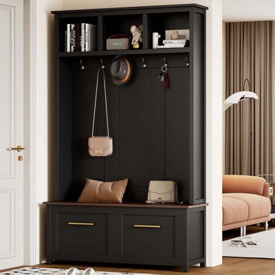 Farmhouse Wooden Style 78''H Modern Hall Tree with Wide Storage Seating Bench, Entryway Shoe Cabinet with 13 Compartments, Elegant Coat Rack with 6 Hooks for Mudroom, Living room, Black Color: Black | Lark Manor™ Hall Tree in Black | 76.60" H X 47.20" W X 15.50" D | Wayfair Organizing Shoes, Storage Entryway, Entryway Coat Rack, Shoe Cabinets, Entryway Cabinet, Studio Color, Bench Designs, Hall Tree, Cabinet Storage