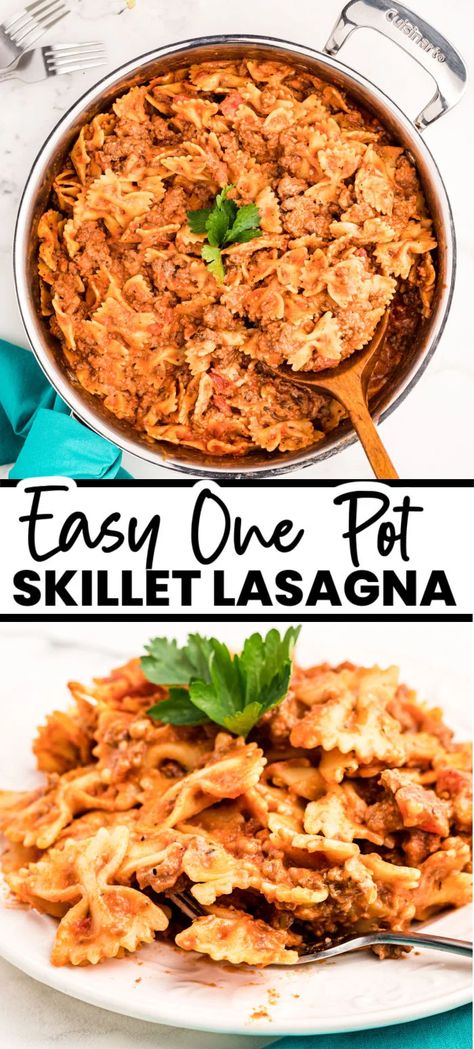 Bowtie Skillet Lasagna, Easy Lasagna Skillet, Lasagna Bowtie Pasta, Ground Beef Lasagna Recipe Easy, Lasagna With Bow Tie Pasta, Meals With Bowtie Pasta, Dinner Ideas Stovetop Meals, Cheap Stove Top Dinner Ideas, Skillet Pasta Recipes Ground Beef