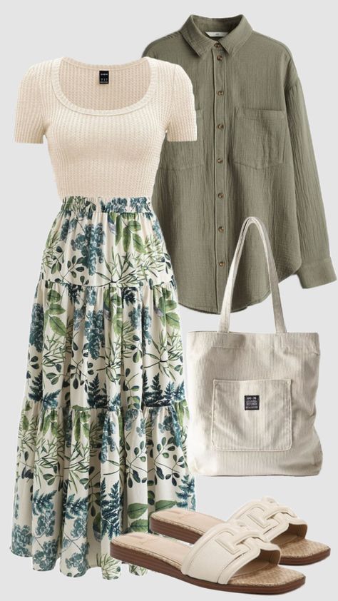 #churchoutfit #modestfashion #sagegreen #greenaesthetic #earthy #green #outfitinspo #aesthetic #summeroutfit #spring #casual #skirt #vacationoutfits #beach #modest #boho Outer Outfit, Vibes Outfit, Modest Casual Outfits, Modest Outfit, Modesty Outfits, Cute Modest Outfits, Cute Summer Tops, Earthy Green, Fashion Top Outfits