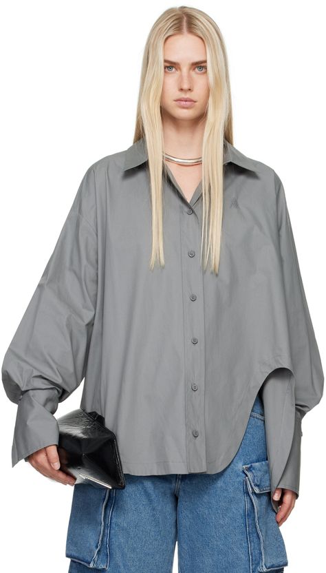 Cotton poplin shirt. · Spread collar · Button closure · Logo embroidered at chest · Asymmetric droptail hem · Dropped shoulders · Extended adjustable single-button barrel cuffs · Box pleat at back yoke Supplier color: Grey Button Shirt Design, Balloon Sleeve Shirt, Drop Shoulder Shirt, Poplin Blouse, The Attico, Cotton Poplin Shirt, Poplin Shirt, Long Shirt, Logo Embroidered