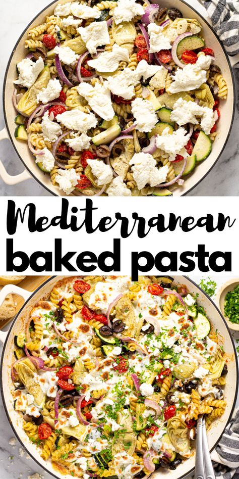 Essen, Mediterranean Protein Pasta, Meddertarian Diet Recipes, Baked Mediterranean Pasta, Easy Vegetarian Dinner Pasta, Vegetarian Recipes Feta, Medditeranean Family Dinner, Best Pasta Recipes Vegetarian, Roasted Veggie Pasta With Feta