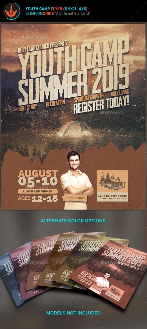 Youth Camp Flyer Template Youth Camp Flyer Template This Youth Camp Flyer Template comes with a nice rustic color palette. Its earthy tone completes the feeling of being in the outdoors and is complimented with a distressed font selection. It can be used for multiple types of and designed to give you the highest quality presentation for your event. You find it easy to use for a smooth editing experience. Rustic Poster Design, Youth Flyer Design, Youth Camp Poster, Youth Conference Flyer, Retreat Flyer Design, Camp Poster Design, Retreat Flyer, Rustic Color Palette, Rustic Poster