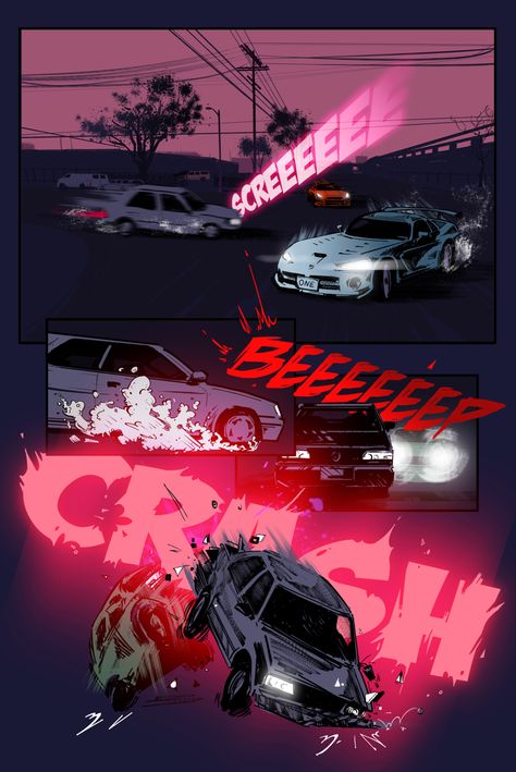 Original comic “Code 3” by Robert Zag #comic #comics #page #crash #cars #digitalillustration #racing #illustration #drawing Car Scene Drawing, Car Storyboard, Car Drawing Reference, Racing Car Illustration, Racing Illustration, Comic Scene, Apollo Statue, Head Anatomy, Comic Book Layout