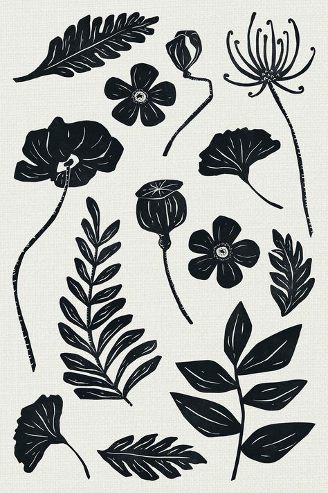 Print Making Designs, Floral Back Tattoos, Linoleum Print, Lino Art, Flower Silhouette, Hand Drawn Floral, Flowers Png, Linocut Art, Drawn Floral