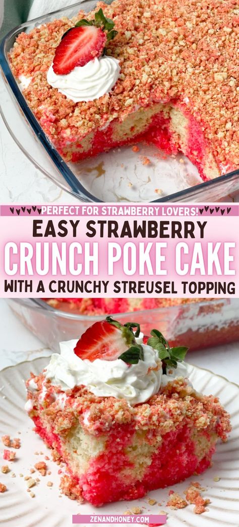 Strawberry crunch poke cake that your friends will ask you to make for every celebration, I am telling you. Made with white cake mix, strawberry jello, golden Oreo cookies, fresh strawberries and heavy whipping cream. The perfect combination for a homemade poke cake. Poke Cake Recipes Jello, Poke Cake Strawberry, Strawberry Crunch Poke Cake, Best Easy Dessert, Strawberry Jello Cake, Strawberry Poke Cake, Poke Cake Jello, Crunch Topping, Strawberry Crunch Cake