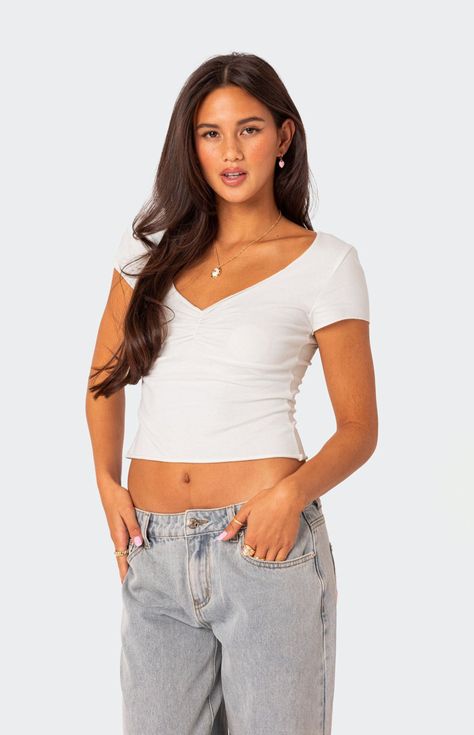 Edikted Ava V Neck Ruched Top | PacSun Visionary Fashion, Layered Haircuts For Medium Hair, Pacsun Tops, Ruched Top, Cute Preppy Outfits, Simple Trendy Outfits, Cute Everyday Outfits, Preppy Outfits, College Outfits