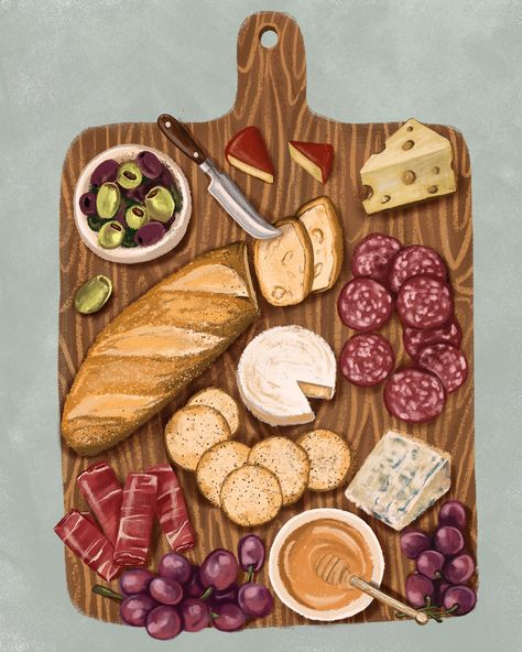 Cheese board inspo @twinoaksdesignco Charcuterie Board Drawing, Charcuterie Board Art, Cheese Art, Board Drawing, Food Art Painting, Small Food, Food Illustration Art, Watercolor Food, Cute Food Art