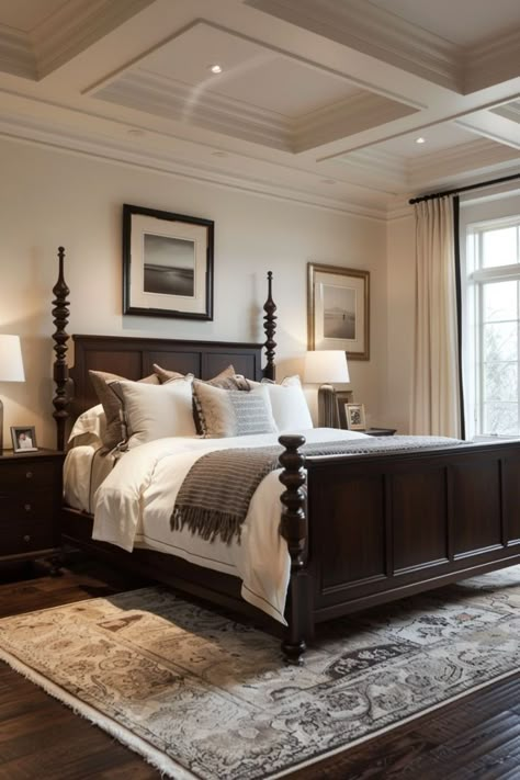 Bedroom With Dark Hardwood Floors, Rooms With Dark Wood Furniture, Traditional Bedroom Decor Master Suite Dark Wood, Bedroom Inspirations Master Dark Wood Furniture Design, Brown Floor Bedroom, Bedroom With Dark Wood Floors, Wood Floor Bedroom Ideas, Dark Wood Floors Bedroom, Dark Brown Furniture Bedroom