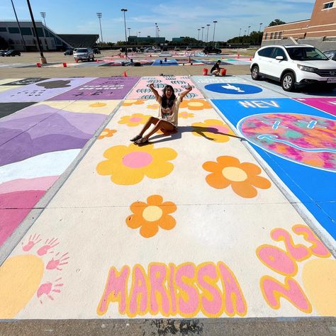 Boho Senior Parking Spot Painting, Senior 2024 Aesthetic, Basic Senior Parking Spot, Orange Senior Parking Spot, Senior Parking Spaces 2024, Senior Art Projects, Senior Brick Ideas Painting, Chalk Art Parking Spot, Chalk Parking Spot Senior Simple