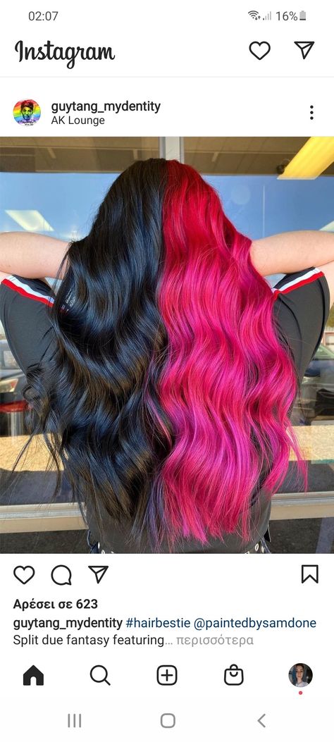 Half Pink And Black Hair, Shoulder Length Split Dye Hair, Half Black Half Pink Hair, Black And Hot Pink Hair, Half Pink Half Black Hair, Half And Half Hair, Pink And Black Hair, Split Dye, Split Dyed Hair