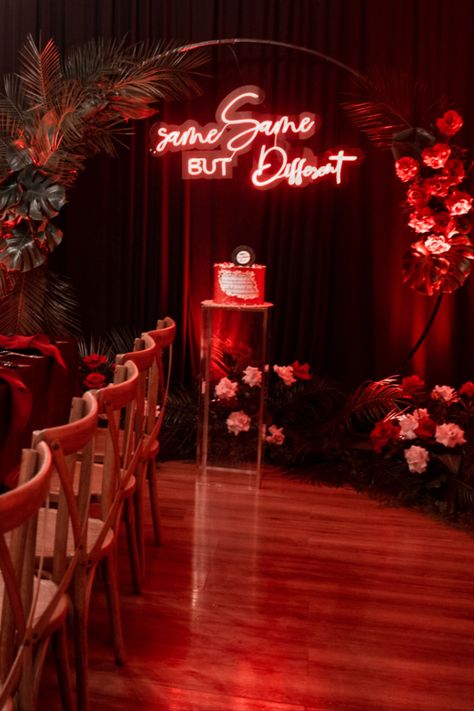 Red is the ultimate cure for sadness. Lady In Red Party Theme, Red Velvet Theme Party, Ruby Themed Birthday Party, Red 30th Birthday Ideas, 50 Shades Of Red Party Ideas, Ruby Birthday Theme, Red Theme Birthday Party Decor, All Red Party, Red Birthday Party Decorations