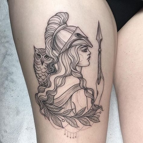 30 Best Athena Tattoo Ideas  9 Greek Goddess Tattoo, Thigh Piece Tattoos, Larkspur Tattoo, Deer Skull Tattoos, Fighter Tattoo, Athena Tattoo, Greece Design, Light Tattoo, Greek Mythology Tattoos