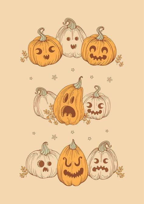 happy halloween. Jack o lantern. A set of vintage pumpkins with funny, frightening and cheerful faces, autumn leaves, stars. For stickers, posters, postcards, design elements Jack O'lantern Drawing, Vintage Halloween Painting Ideas, Jack O Lantern Tattoo Design, Vintage Jackolantern Art, Cute Jackolanterns, Vintage Halloween Ads, Cute Pumpkins Drawings, Vintage Pumpkin Art, Halloween Graphics Design