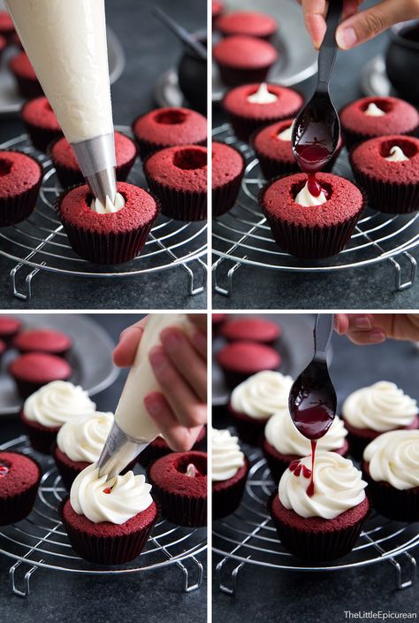 Bloody Red Velvet Cupcakes. Fun and tasty Halloween treat. Red Velvet Halloween, Halloween Muffins, Muffins Decoration, Dessert Halloween, Resipi Kek, Halloween Treats For Kids, Oreo Cupcakes, Halloween Foods, Halloween Party Food