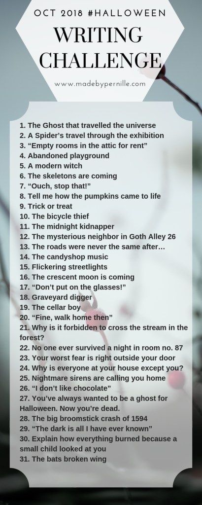 |¤| MadebyPernille: The Halloween Writing Prompt Challenge 2018!   Do you need inspiration for the month of spooky writing? Fear not, I've made a bunch of writing prompts for october, one per day for an entire month!  #writer #writingprompts #writinginspiration #writingchallenge One Month Writing Challenge, Writing Month Challenge, Halloween Prompts Writing, Spooky Writing Prompts, Spooky Prompts, Month Writing Prompts, Writing Prompt Challenge, Writing Fear, Halloween Prompts