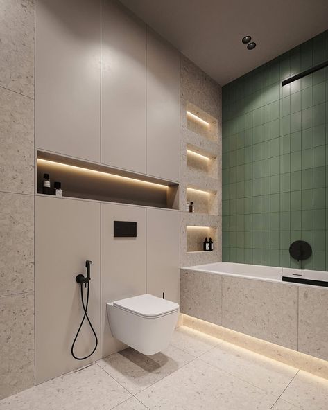 Minimalist apartment with contrasting accents Beige And Green Bathroom, Toilet Seat Design, Sleek Bathroom Design, Toilet Design Modern, Unique Bathrooms, Modern Bathroom Designs, Marble Bathroom Designs, Luxury Living Room Decor, Sleek Bathroom