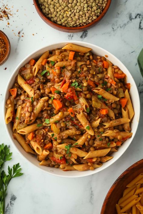 pasta with lentils Pasta And Lentils Recipes, Pasta And Lentils, Brown Lentil Recipes, Radicchio Pasta, Pasta With Lentils, Protein Pasta Recipes, Cottage Cheese Pasta, Veggie Dinners, Pantry Meals