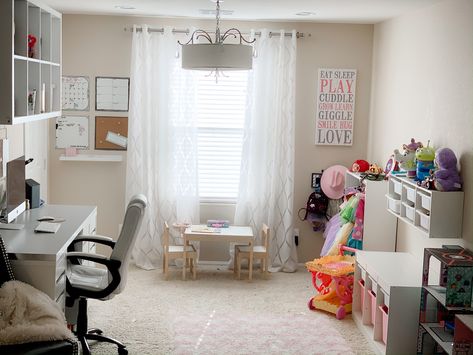 Small Office Playroom, Play/guest Room Ideas, Office / Playroom Ideas, Office With Playroom, Home Office Toy Room Combo, Shared Playroom And Office, Shared Office Playroom, Small Office Toy Room Combo, Office And Toy Room Combo