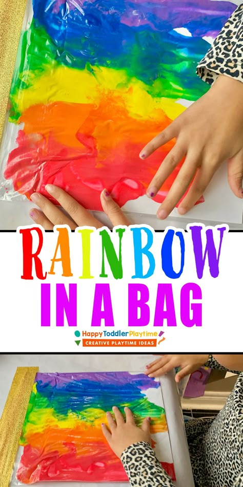 How to Make A Rainbow in a Bag - HAPPY TODDLER PLAYTIME Color Mixing In A Bag, Colorful Preschool Crafts, Rainbow Classroom Activities, Rainbow Preschool Sensory Bin, Rainbow Sensory Bags, Sensory Rainbow Activities, Rainbow Infant Activities, Preschool Crafts Rainbow, Rainbow Week Activities