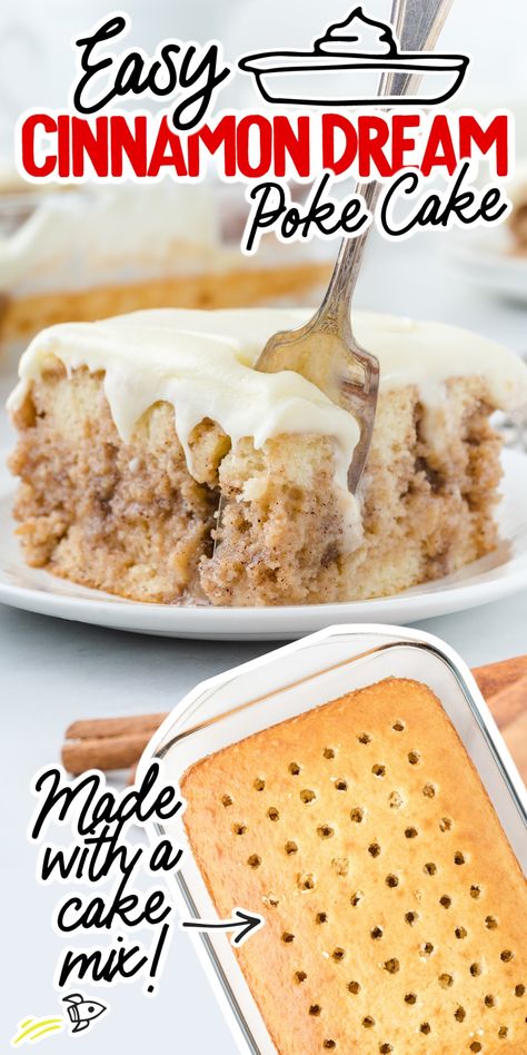 If you love cinnamon rolls but want something a little different, then this cinnamon roll poke cake will be perfect. This easy-to-make recipe uses a box of white cake mix to do the hard work and is ready in less than an hour, including making the delicious cream cheese frosting on top. Pie, Cinnamon Bun Poke Cake, Cake Recipe With Cream Cheese Frosting, Poke Cake Recipes White Cake, Easy Cinnamon Roll Cake With Box Cake, Cinnamon Roll Poke Cake Recipe, White Cake Mix With Vanilla Pudding, Cheesecake Poke Cake Recipes, Cinnamon Roll Cake Easy