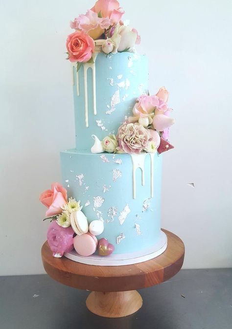 2 Tier Cake With Macarons, 2 Tier Wedding Cake Blue And Pink, Two Tier Drip Cake, Cake Decorating Funny, Pastel Blue Cake, Two Tier Cakes, Blue Drip Cake, Bespoke Cakes, Two Tier Cake