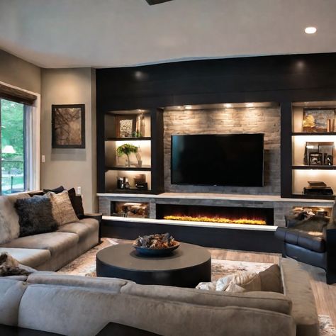 Wall Entertainment Unit, 60 Inch Tv Over Fireplace, Basement Entertainment Wall With Electric Fireplace, Media Built In With Fireplace, Basement Fireplace With Tv Built Ins, Low Linear Fireplace With Tv Above, Living Room Entertainment Wall With Fireplace, Diy Entertainment Wall With Fireplace, Movie Room Tv Wall