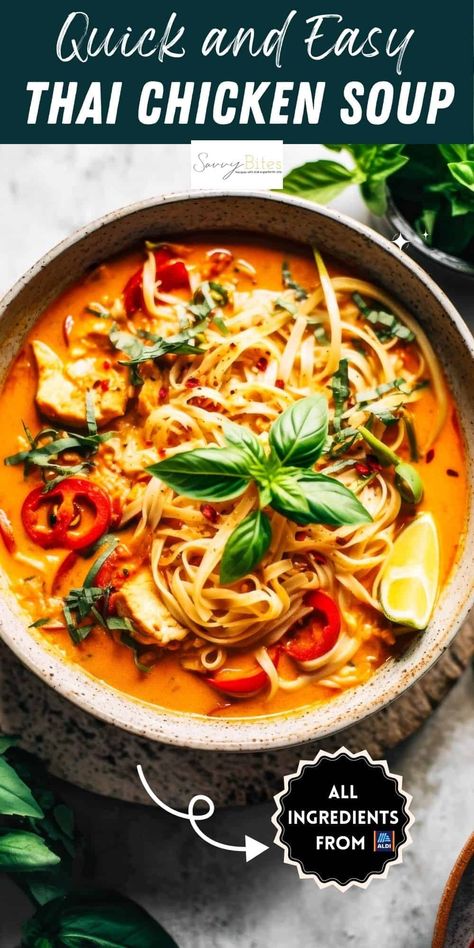 Make this Thai noodle soup with red curry, chicken, and coconut milk for a spicy, easy, and family-friendly meal. Ideal for comforting soup recipes. Curry Chicken Noodle Soup, Chicken Red Curry, Thai Chicken Curry Soup, Thai Red Curry Soup, Thai Curry Soup, Thai Noodle Soups, Thai Chicken Noodles, Curry Soup Recipes, Chicken Curry Soup