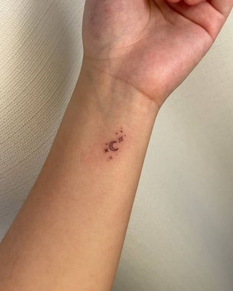 Moon Tattoo Wrist, Moon And Stars Tattoo, Sparkle Tattoo, Stars Tattoo, Crescent Moon Tattoo, Tattoo Collection, Minimalist Line Art, Mini Moon, Sparkling Stars