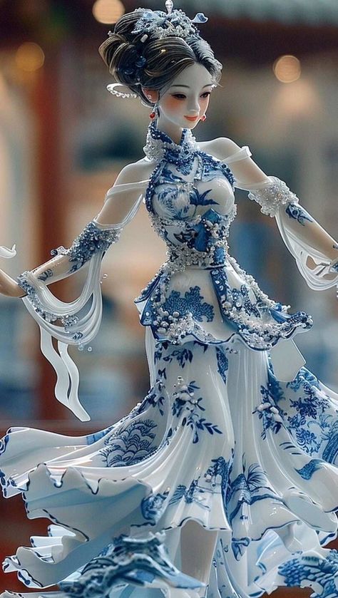 China Dolls Porcelain, Porcelain Outfit, Porcelain Fashion, Statue Wallpaper, Beautiful Geisha, 50s Prom Dresses, Asian Porcelain, Glass Dolls, Porcelain Sculpture