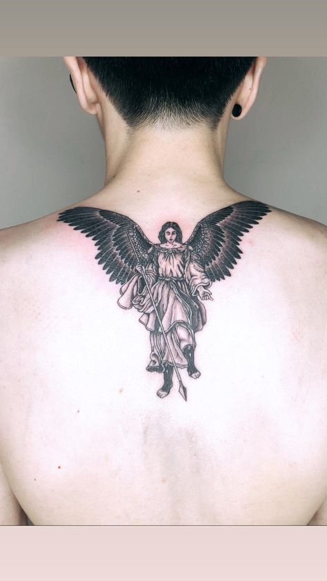 Saint Gabriel Tattoo, Angel Back Tattoo Men, Gabriel Angel Tattoo, Archangel Gabriel Tattoo, Gabriel Tattoo, Angel Tattoo Arm, Small Angel Tattoo, Angel Back Tattoo, Guardian Angel Tattoo Designs