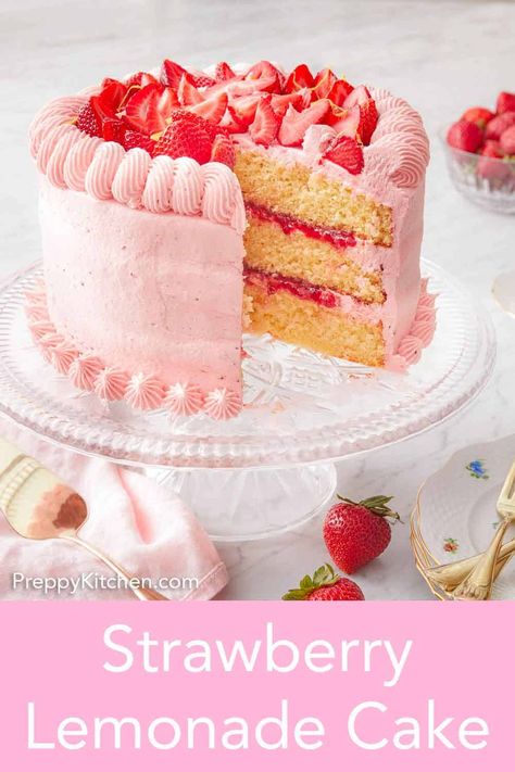 Soft, tender, and fluffy, this Strawberry Lemonade Cake recipe is bursting with bright flavors from the lemon juice, lemon zest, and fresh strawberries. A delicious strawberry buttercream with hints of lemon frosted between each layer of cake paired with a strawberry reduction, you won’t be able to get enough of it after your first bite! It is so beautiful and refreshing, it makes for the perfect spring or summer cake. Strawberry Lemonade Cake Recipe, Lemonade Cake Recipe, Strawberry Lemonade Cake, Strawberry Lemon Cake, Lemonade Cake, Lemon Layer Cakes, Cold Cake, Summer Cake, Lemon Frosting