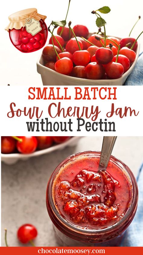 Our Small Batch Sour Cherry Jam without Pectin is a delicious summer treat. Use it as a cake filling, swirl it into Greek yogurt, or simply spread it on toast. As the name implies, sour cherries aren’t as sweet as other types of cherries. In fact, they are often referred to as tart cherries.  They are too tart to eat on their own, but with a little bit of sugar and love, they become magically delicious in this sour cherry jam recipe. Rainier Cherry Jam Recipes, Things To Do With Cherries, What To Make With Cherries, Canned Sour Cherry Recipes, Cherry Jam Recipe Canning, Fresh Sour Cherry Recipes, Sour Cherries Recipes, Tart Cherry Jam Recipe, Small Batch Plum Jam Recipe