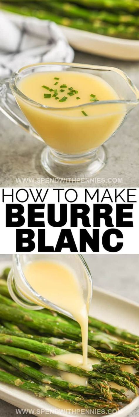 For the ideal creamy & flavorful white sauce, try making this Beurre Blanc recipe. This creamy and decadent French white sauce is velvety smooth and tastes amazing with salmon or other fish entrees. This easy sauce with shallots is so simple to make, and since it's made without flour, it's great for gluten-free (always check ingredient labels) or low-carb diets. #beurreblanc #spendwithpennies #saucerecipes #saucefish Francaise Sauce Recipe, Citrus Beurre Blanc Recipe, Beurre Blanc Sauce Recipe, Wine Butter Sauce, White Wine Butter Sauce, Fish Entrees, Wine Butter, Salsa Sauce, Homemade Sauce Recipes