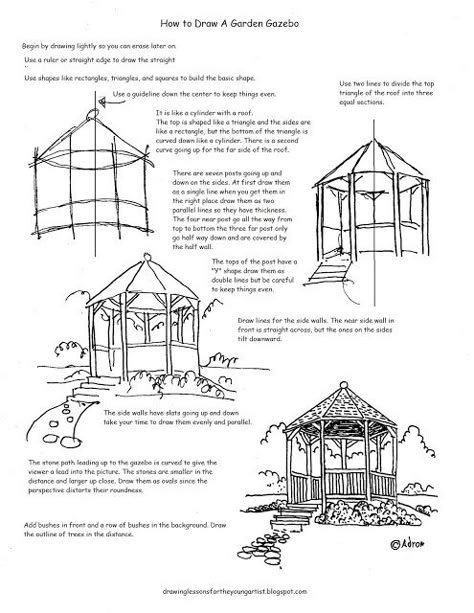 How to Draw a Garden Gazebo Worksheet and Drawing Lesson 3d Drawing Techniques, Doodle Easy, Drawing Worksheets, Drawing Lesson, Garden Drawing, Drawing Faces, Nice Picture, Architecture Drawing Art, Garden Gazebo