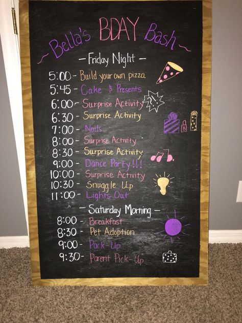 Bday Slumber Party Ideas, Sleepover Ideas 10-12, Birthday Schedule Ideas, 13 Sleepover Party Ideas, Sweet 16 Birthday Sleepover Ideas, Sleepover Birthday Party Schedule, Birthday Sleepover Schedule, Slumber Party Birthday Games, Sleepover Food Breakfast