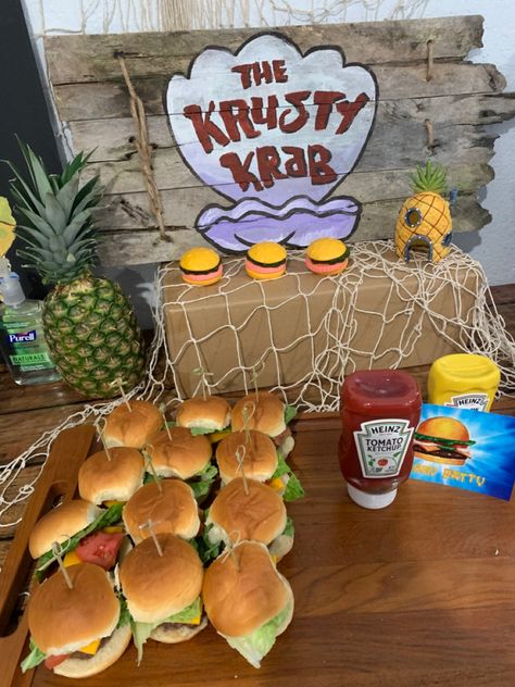 Spongebob Party Food, Spongebob Birthday Party Decorations, Party Sliders, The Krusty Krab, Krusty Krab, Spongebob Birthday Party, 25th Birthday Parties, Spongebob Party, Spongebob Birthday