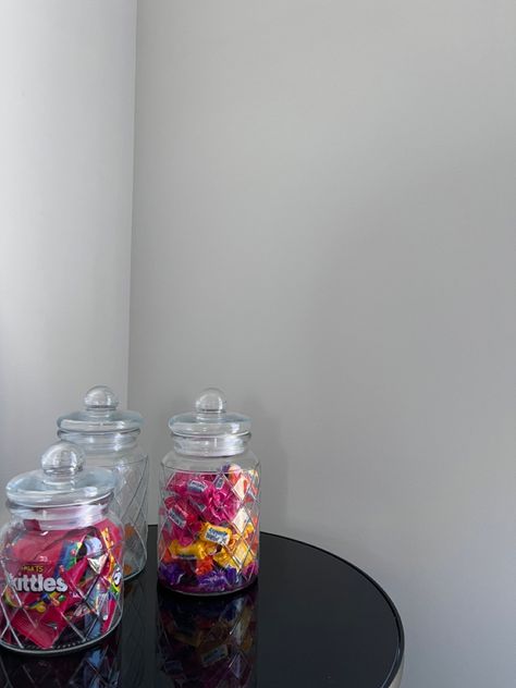 Candy Jars Aesthetic, Candy Jar Aesthetic, Candy Bowl Ideas Home, What To Put In Glass Jars, Designing Room, Sweets Jar, Work Cubicle Decor, Lolly Jars, Homework Desk