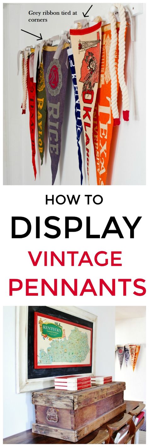 Vintage pennants decorate the walls of this playroom in a turn-of-the-century farmhouse. Easy project to display vintage pennants from pegs. #vintage #pennant #homedecor #vintagedecor Diy Household Tips, Pennant Display, Home Decor Ideas Rustic, Vintage Pennants, Pennants Vintage, Diy Blanket Ladder, Thistlewood Farms, Apartment Decoration, English Decor